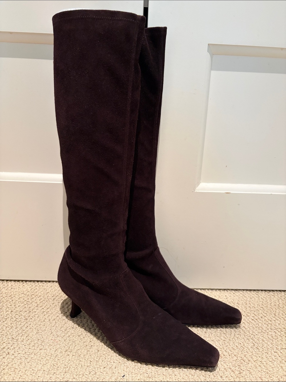 Stuart Weitzman Dark Brown Suede Knee-High Heeled Boots with box